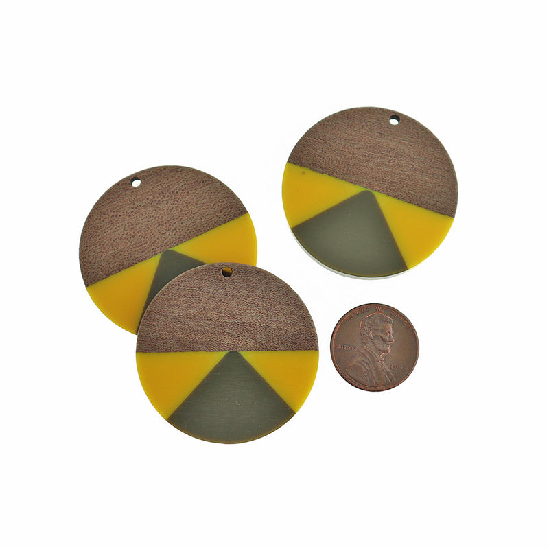 Round Natural Wood and Resin Charm 38mm - Yellow and Green - WP531