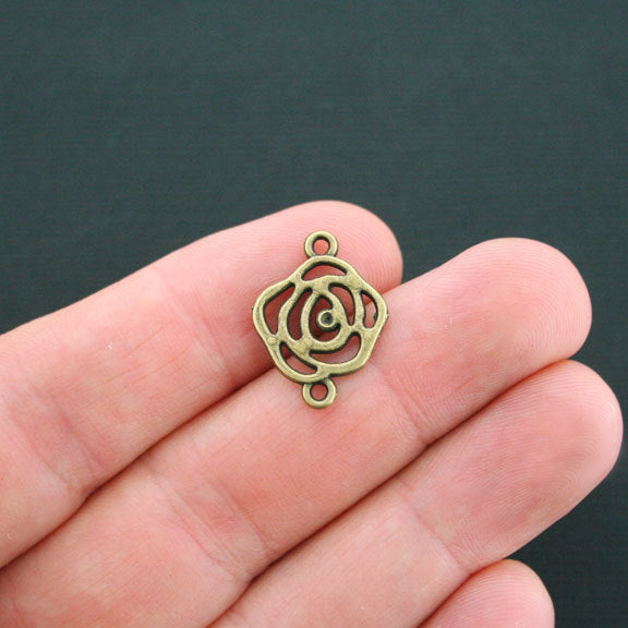 6 Rose Connector Antique Bronze Tone Charms 2 Sided - BC696