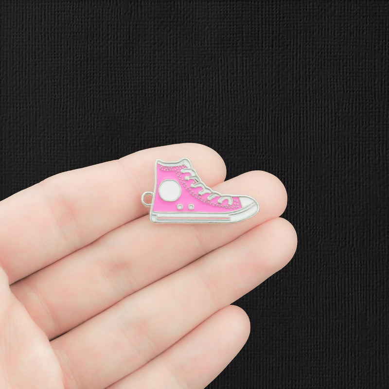 4 Pink Running Shoe Silver Tone Enamel Charms 2 Sided - E1393