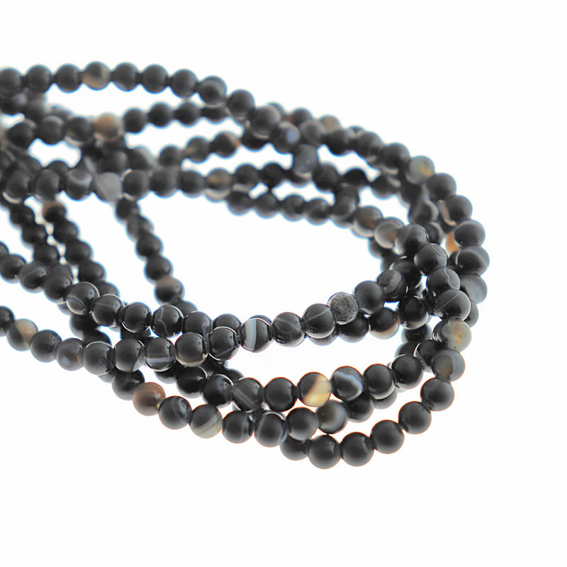 Round Natural Agate Beads 4mm - Frosted Black Marble - 1 Strand 96 Beads - BD1461
