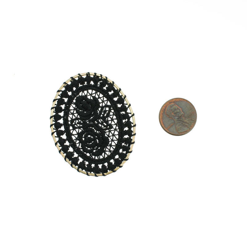 4 Black Woven Lace Oval Gold Tone Pendants - TSP102-A