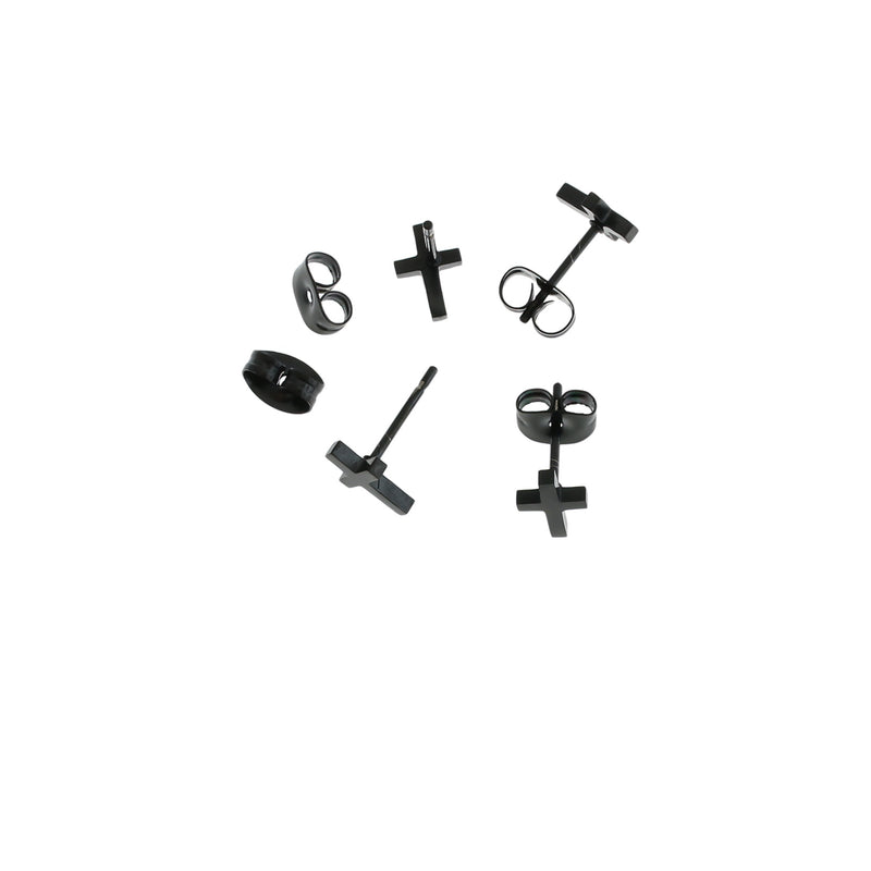 Gunmetal Black Stainless Steel Earrings - Cross Studs - 8mm x 5mm - 2 Pieces 1 Pair - ER419