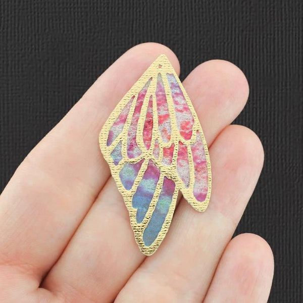 Imitation Leather Pendants - Gold Rainbow Wings - 2 Pieces - Z1142