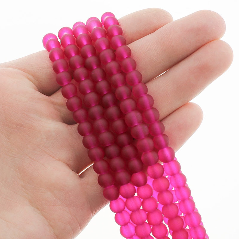 Round Glass Beads 6mm - Frosted Hot Pink - 1 Strand 140 Beads - BD2488