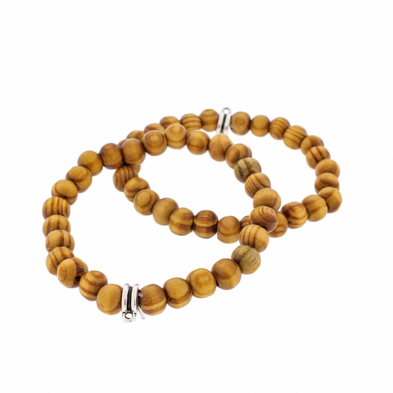 Round Wood Bead Bracelets 54mm -Natural Wood with Antique Silver Tone Bail - 5 Bracelets - BB083