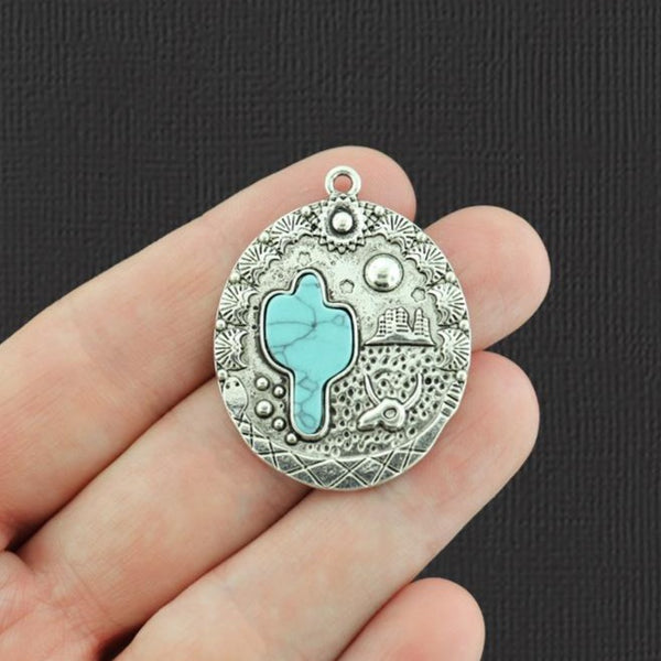 Cactus Pendant Antique Silver Tone Charms with Imitation Turquoise - SC1111
