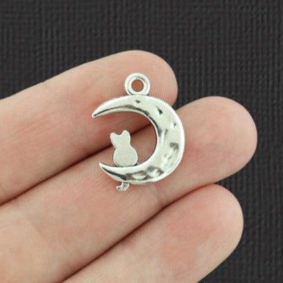 8 Cat Moon Antique Silver Tone Charms 2 Sided - SC1467