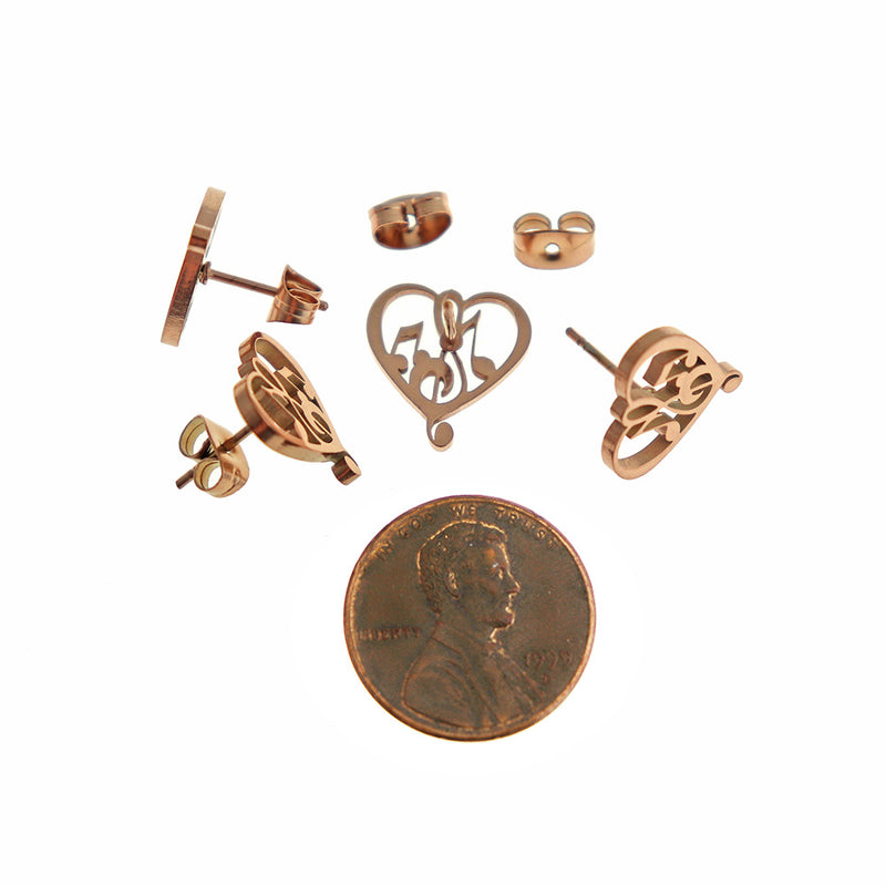Rose Gold Tone Stainless Steel Earrings - Music Note Heart Studs - 13mm - 2 Pieces 1 Pair - ER813