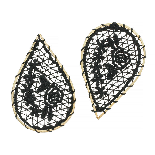 2 Black Woven Rose Teardrop Gold Tone Pendants - TSP245