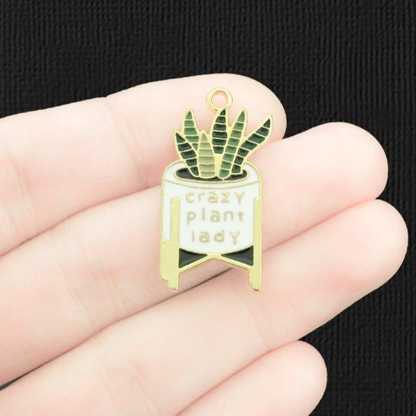 2 Crazy Plant Lady Gold Tone Enamel Charms - E1436