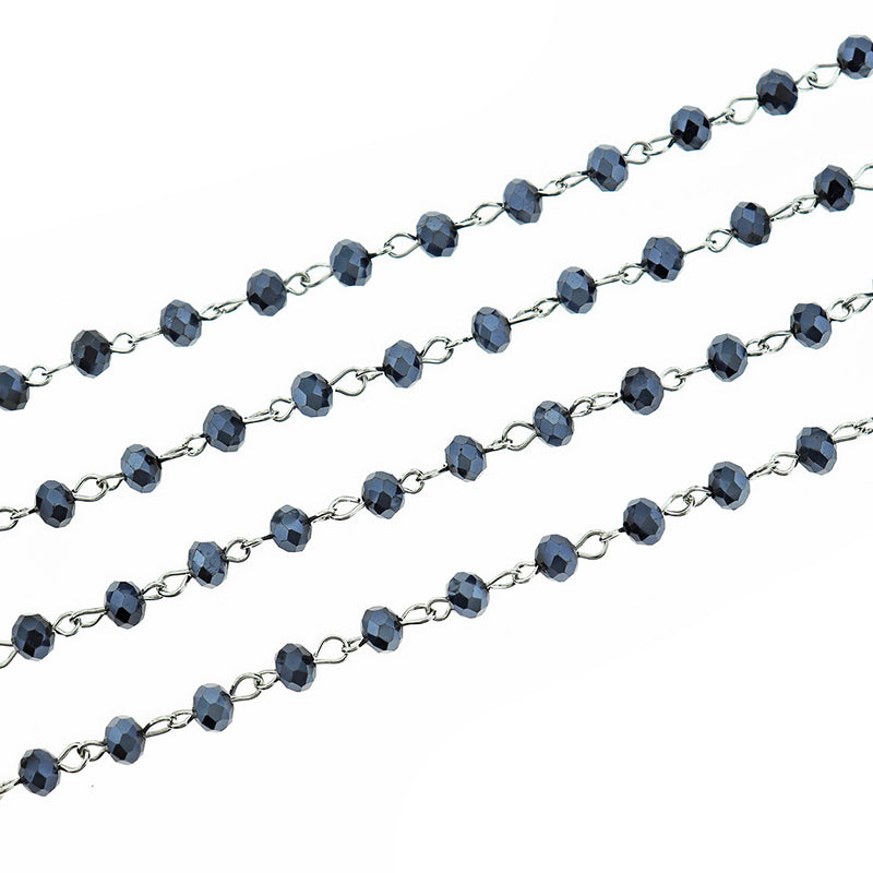 BULK Beaded Rosary Chain - 6mm Rondelle Black Glass & Silver Tone - 3.3ft or 1m - RC035