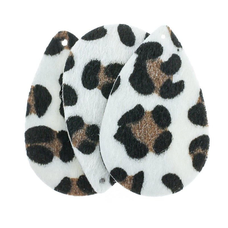 Imitation Leather Teardrop Pendants - White Leopard Print Fur - 4 Pieces - LP149