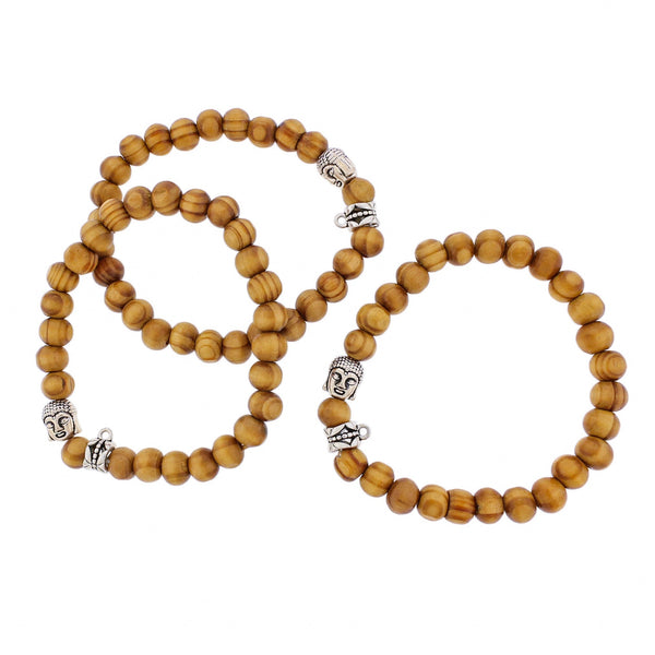 Bracelet de perles rondes en bois - 52 mm - Bouddha argenté antique - 1 bracelet - BB087