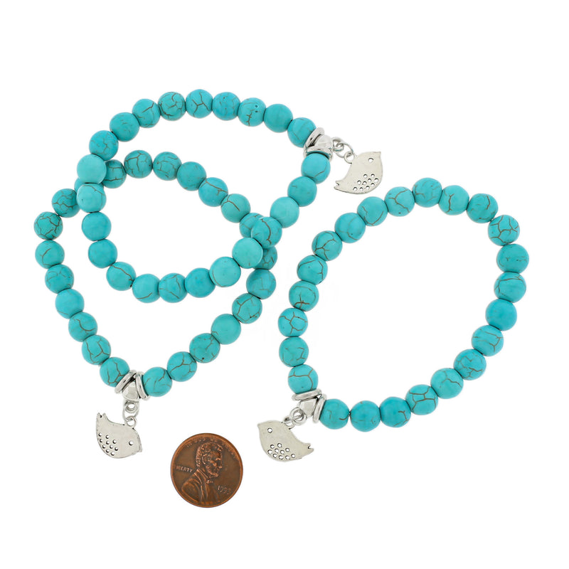 Round Blue Howlite Bead Bracelets 50mm - Turquoise with Charm - 5 Bracelets - BB222