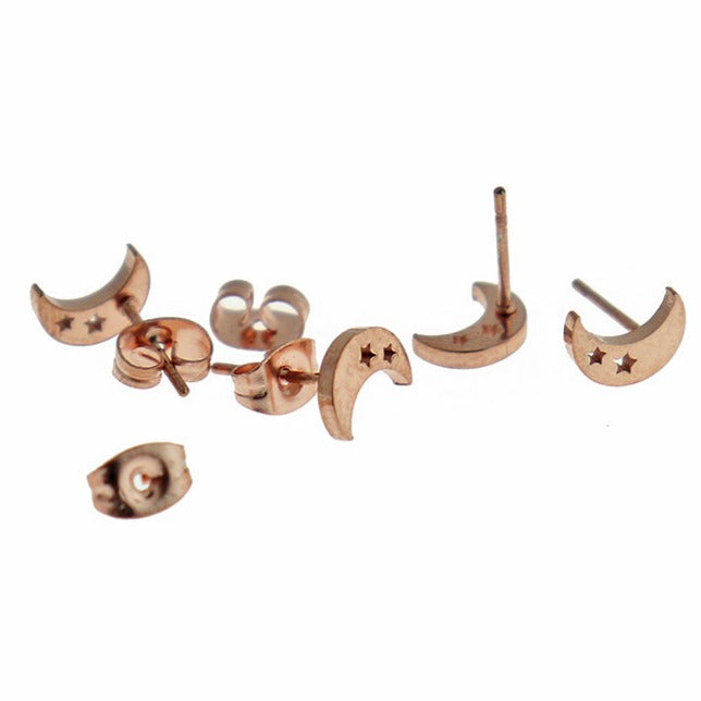 Stainless Steel Earrings - Crescent Moon Studs - 8mm x 6mm - 1 Pair - Choose Your Tone!