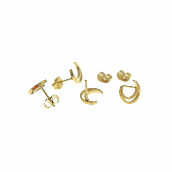 Gold Tone Stainless Steel Earrings - Crescent Moon Outline Studs - 10mm x 8mm - 2 Pieces 1 Pair - ER976