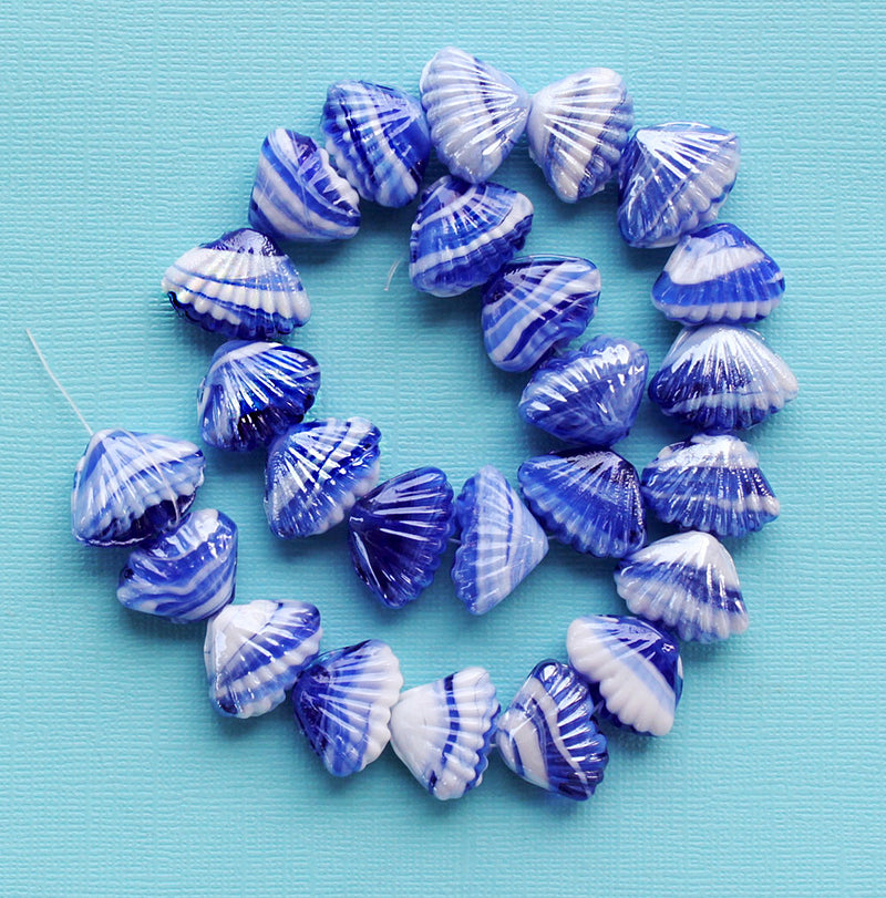 Shell Glass Beads 22mm x 18mm - Blue and White - 6 Beads - BD550