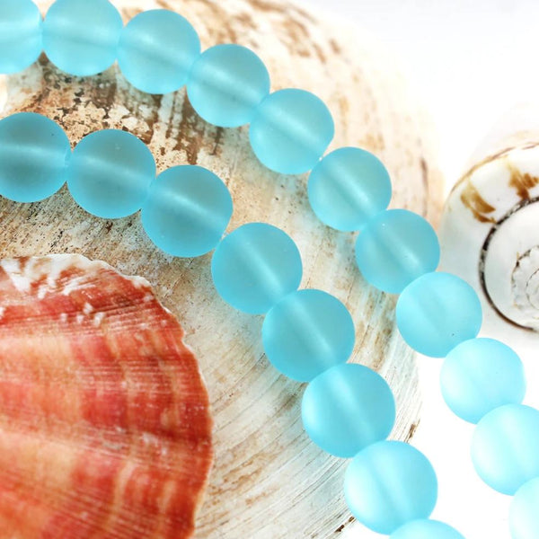Perles rondes en verre de mer de culture 10 mm - Bleu givré - 1 rang 22 perles - U169