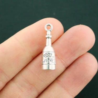 4 Wine Bottle Antique Silver Tone Charms 3D - SC4131