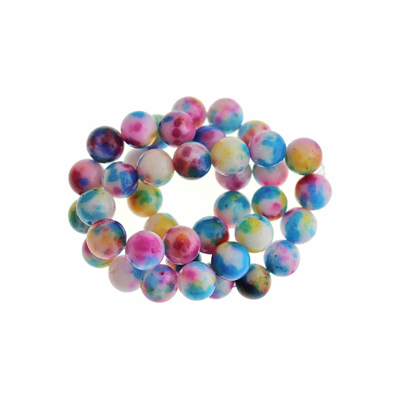 Perles rondes en jade blanc naturel 10 mm - Blanc chiné, violet et bleu - 1 brin 40 perles - BD116