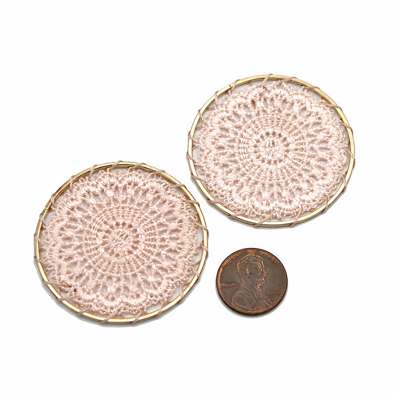 2 Misty Rose Woven Lace Gold Tone Pendants - TSP119