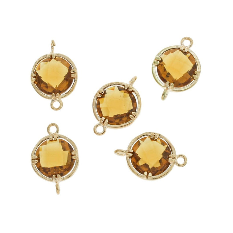 4 Yellow Glass Pendant Gold Tone Connector Charms - GP36