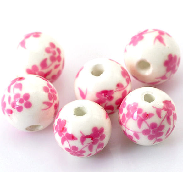 Perles Rondes en Céramique 12mm - Floral Rose et Blanc - 10 Perles - BD154