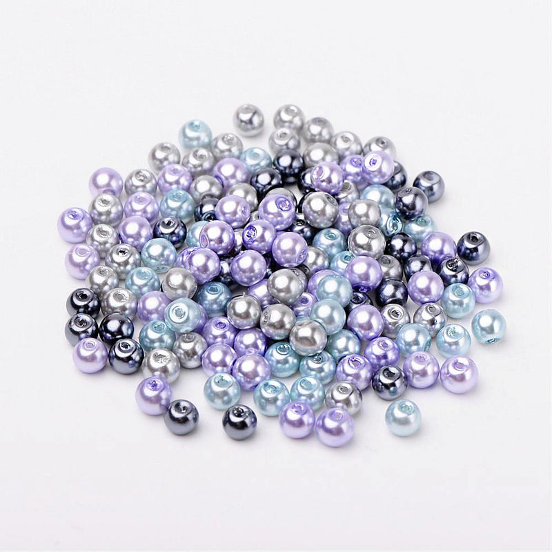 Round Glass Beads 6mm - Assorted Pearl Lavender and Silver - 200 Beads - BD1474