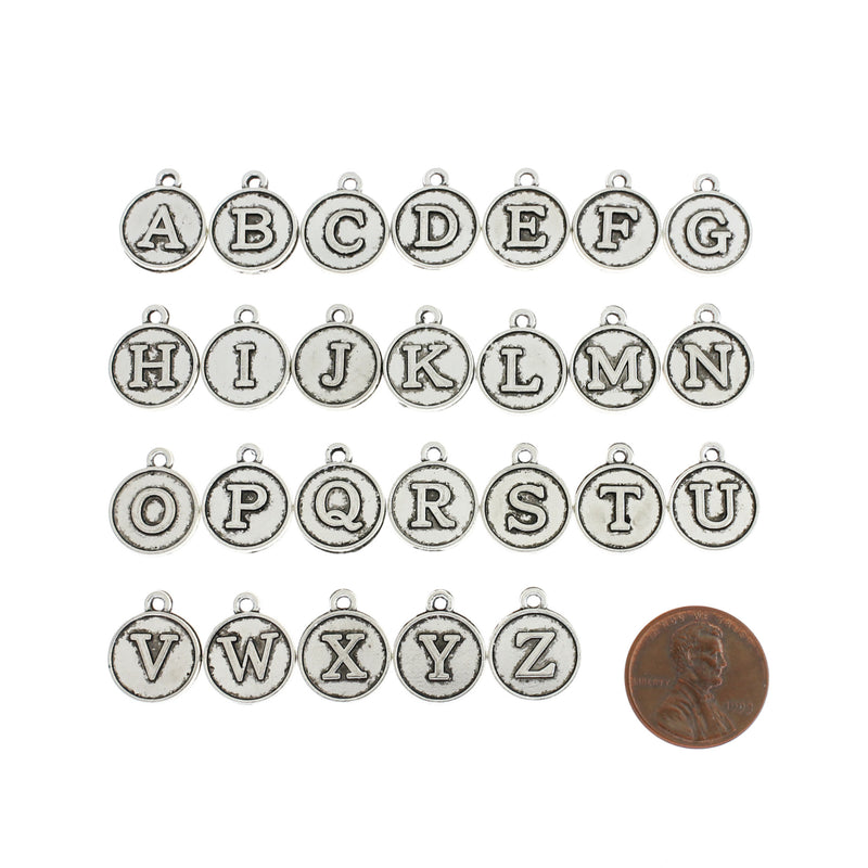 26 Lettres de l'Alphabet Antique Silver Tone Charms 2 Faces - 1 Set - ALPHA2700