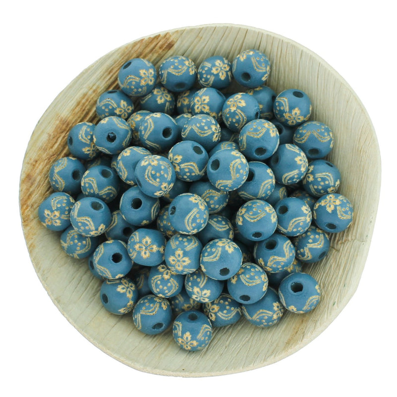 Round Wooden Beads 10mm - Blue Floral Pattern - 10 Beads - BD051