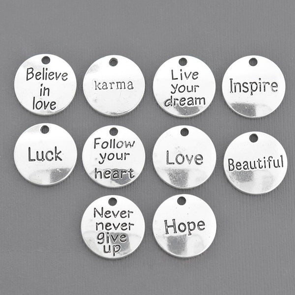 Word Charm Collection Antique Silver Tone 10 Different Round Charms - COL381H