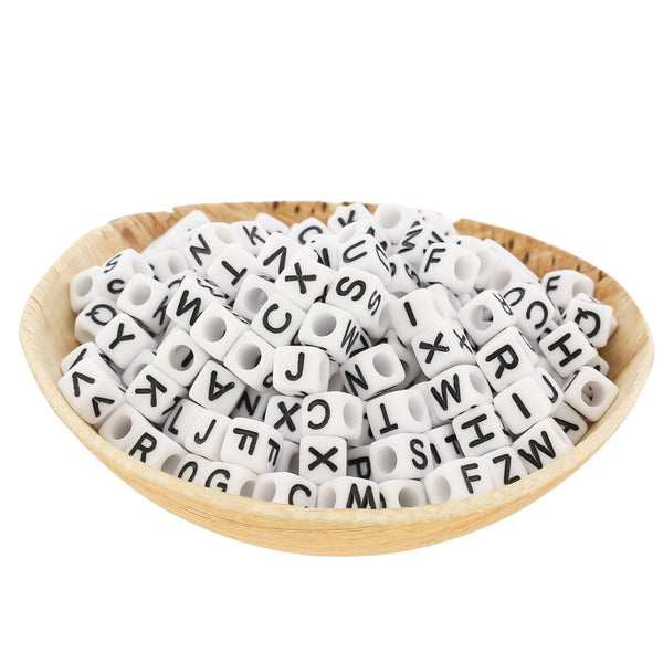 Cube Alphabet Acrylic Beads 6mm - Black and White Assorted Letters - 200 Beads - BD2104