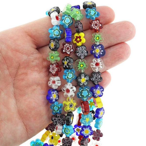 Flat Glass Beads 10mm x 4mm - Assorted Floral Millefiori - 1 Strand 35 Beads - BD2332