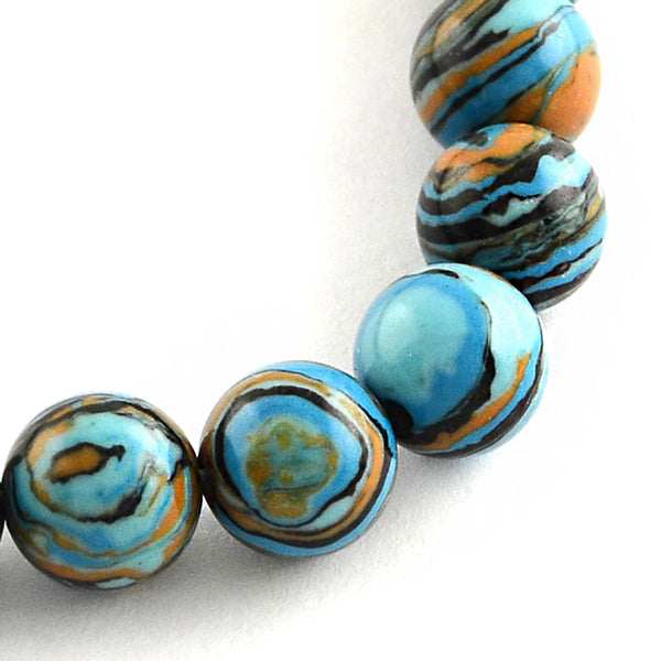 Perles de pierres précieuses synthétiques rondes 8 mm - Tourbillon bleu, noir et beige - 1 brin 50 perles - BD598