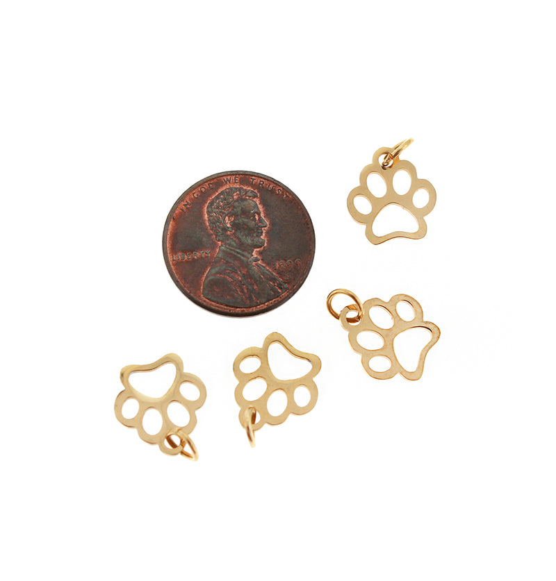 2 Paw Print Gold Tone Stainless Steel Charms 2 Sided -  MT330