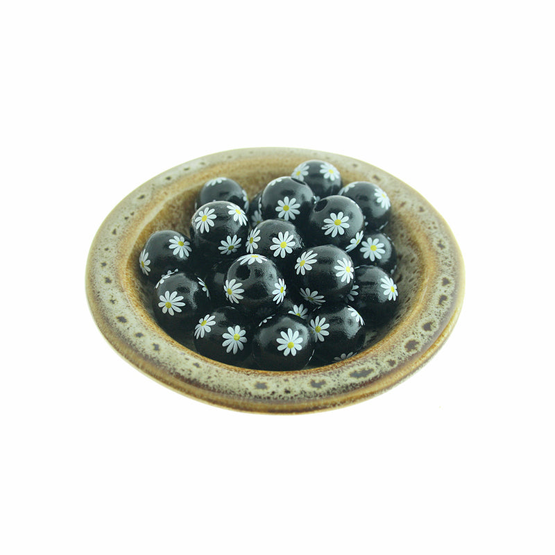 Spacer Wooden Beads 16mm - Black with White Daisy - 10 Beads - BD1500