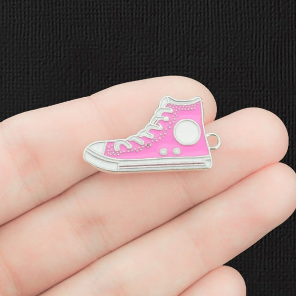 4 Pink Running Shoe Silver Tone Enamel Charms 2 Sided - E1393