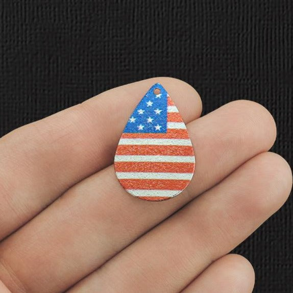 4 American Flag Drop Silver Tone Enamel Charms - E1098