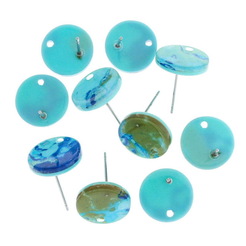 Resin Stainless Steel Earrings - Ocean Blue Studs With Hole - 13mm x 2.5mm - 2 Pieces 1 Pair - ER350