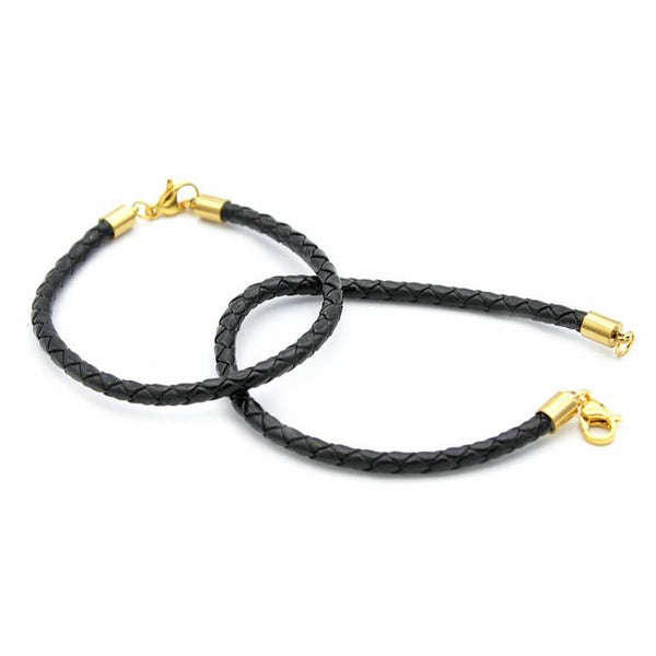 Black Leather Wrap Bracelets Gold Stainless Steel Lobster Clasp 7" - 3.8mm - 5 Bracelets - N686