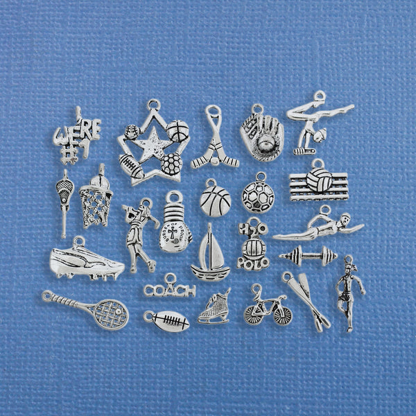 Deluxe Sports Charm Collection Antique Silver Tone 24 Different Charms - COL211