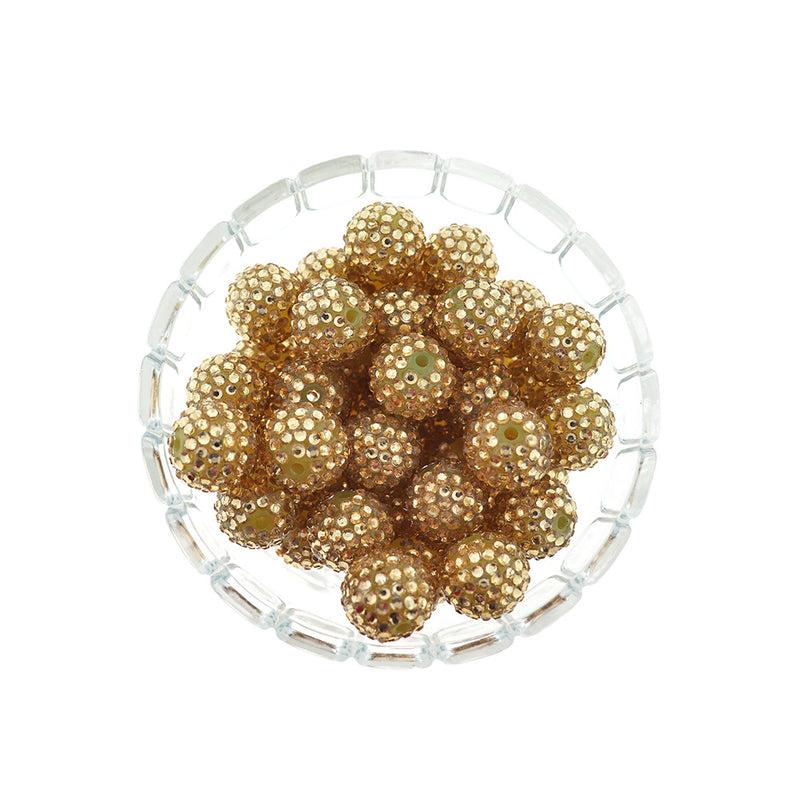 Round Acrylic Beads 20mm - Gold With Inset Rhinestones - 10 Beads - BD2028