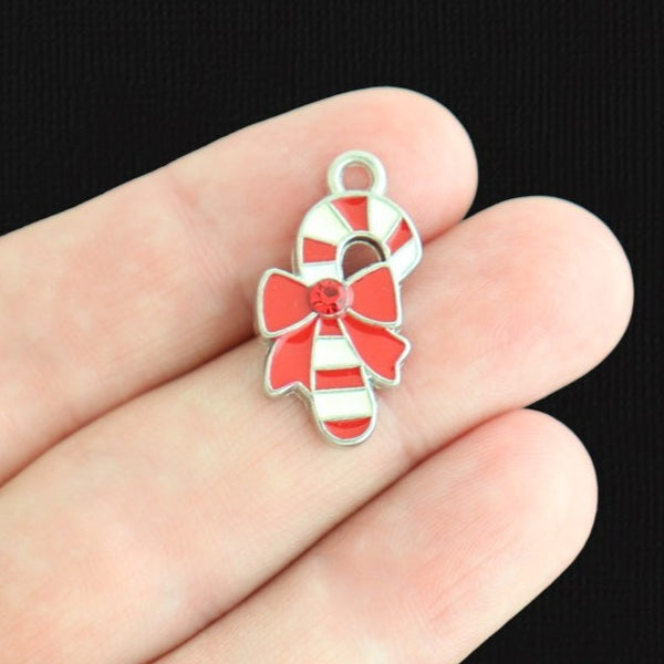 4 Candy Cane Silver Tone Enamel Charms With Inset Rhinestone - E123