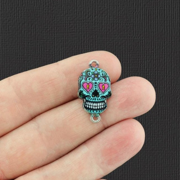 2 Floral Skull Connector Silver Tone Enamel Charms - E094