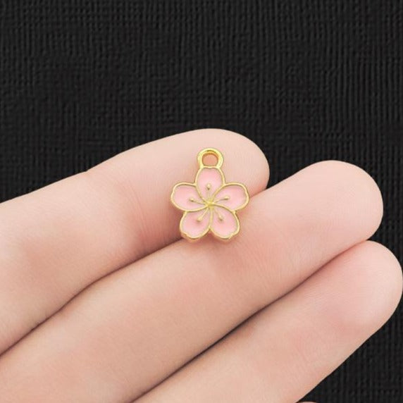 10 Pink Flower Gold Tone Enamel Charms - E034