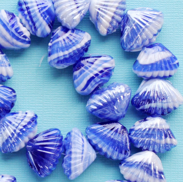 Shell Glass Beads 22mm x 18mm - Blue and White - 6 Beads - BD550