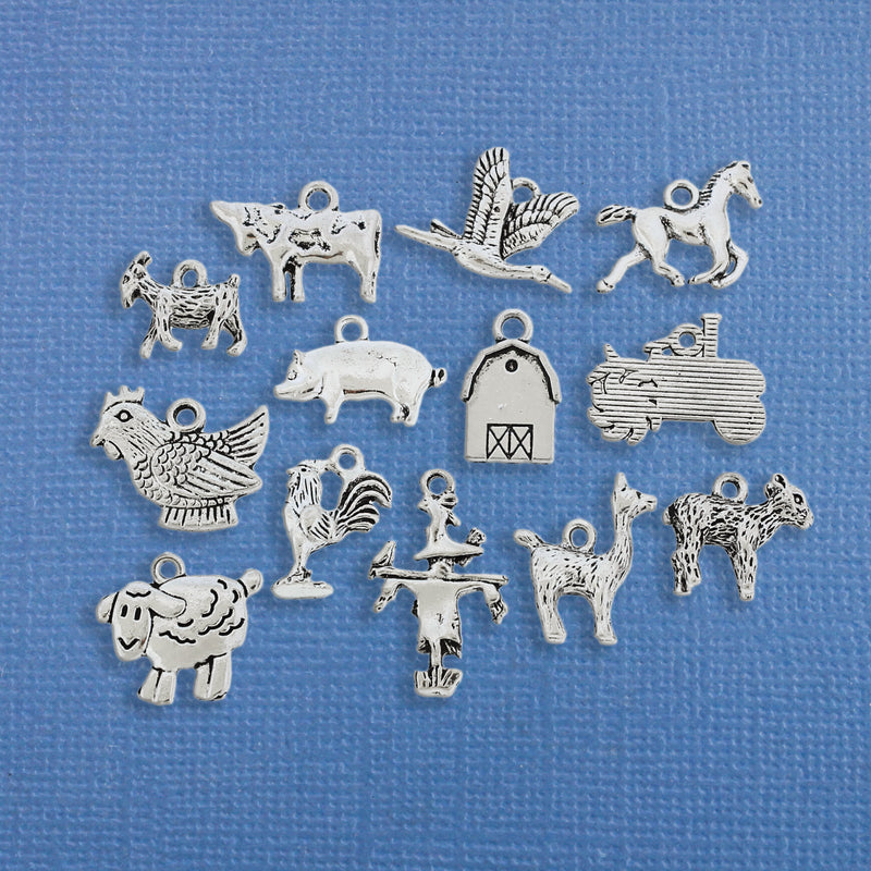 Barnyard Charm Collection Antique Silver Tone 13 Different Charms - COL187