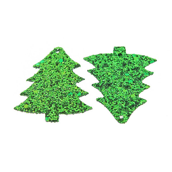 Imitation Leather Christmas Tree Pendants - Green Sequin Glitter - 4 Pieces - LP091