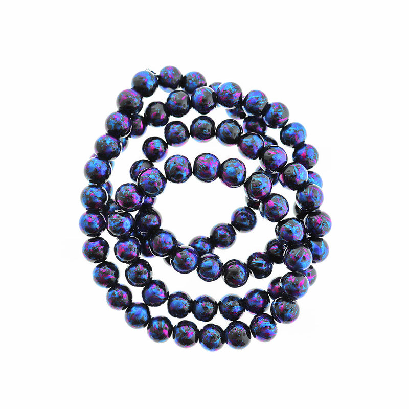 Round Glass Beads 10mm - Glitter Purple and Blue Drip Black - 1 Strand 82 Beads - BD2585