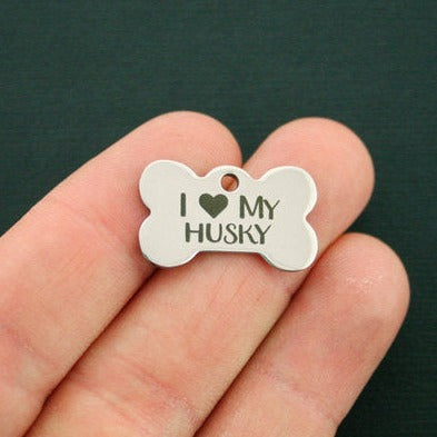 J'aime mes breloques en os de chien en acier inoxydable Husky - BFS020-0878